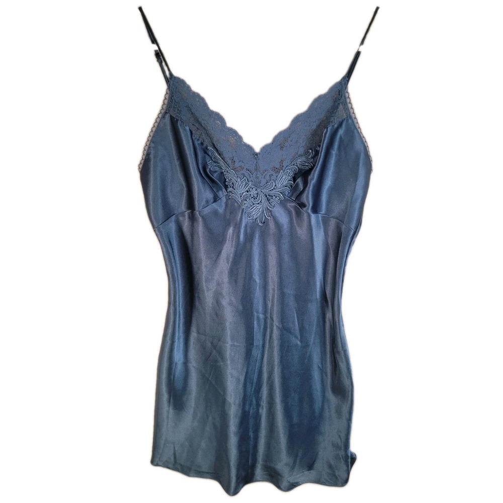 Victoria's Secret Slip Dress Women Medium Blue Satin Lace Trim Chemise Nightgown